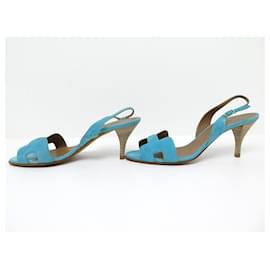 Hermès-NINE HERMES SANDALS NIGHT SHOES 70 39 SUEDE TURQUOISE SHOES + BOX-Turquoise