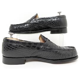 JM Weston-JM WESTON MOCCASIN SHOES 180 7C 41 BLACK CROCODILE LEATHER LOAFERS-Black