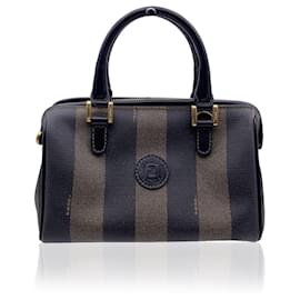 Fendi-Vintage Pequin Striped Vinyl Canvas Mini Boston Bag with Stripes-Marron