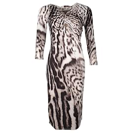 Roberto Cavalli-Ocelot Print Ruched Dress with Gold Tone Metal Embellishment-Other