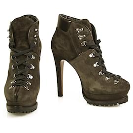 Alaïa-ALAIA Gray Suede Leather Lace up Ankle Booties Boots Heels Shoes size 37,5-Dark grey