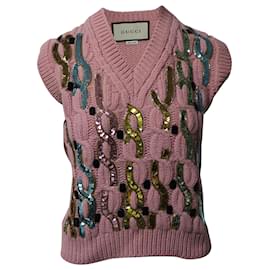 Gucci-Gilet in maglia a trecce decorato Gucci in lana rosa-Rosa