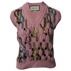 Gucci Embellished Cable Knit Vest in Pink Wool Pink