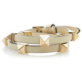 Valentino White Rockstud Ledergefüttertes Wickelarmband Weiß Roh