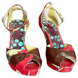 Sandália Kenzo com salto e tira em tecido e couro T. 39 Vermelho Multicor Castanho escuro