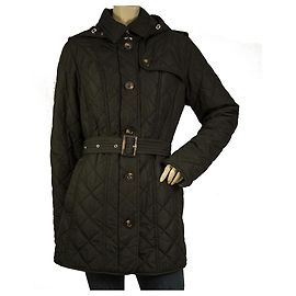 Barbour Black Quilted Polyester Coat long Hooded jacket with Belt UK 16 Eur 42 Black