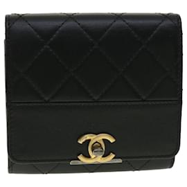 Chanel-CHANEL Turn Lock Matelasse petit portefeuille compact Agneau Noir CC Auth 33219A-Noir