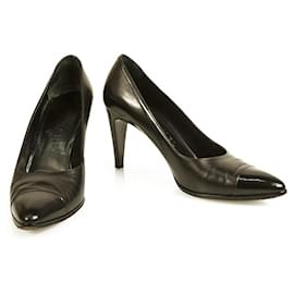 Chanel-CHANEL Black Leather & Patent Leather Almond Cap Toe Logo Pumps Shoes Heel 37,5C-Black