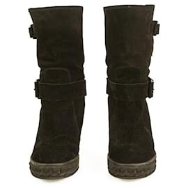 Casadei-Casadei Black Suede Iconic Chain Wedge Platform Botines Zapatos Caucho 37-Negro