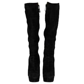 Sergio Rossi-Black Suede Platform Knee High Boots-Black
