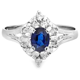Autre Marque-Anel de platina com safira central e diamantes-Azul