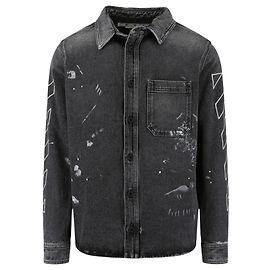 Off White Jeanshemd mit cremefarbenen Farbspritzern Grau