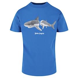 Palm Angels-Palm Angels Broken-Shark Crewneck T-Shirt-Blue