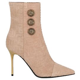 Balmain Roni Monogram-Embossed Suede Boots Beige