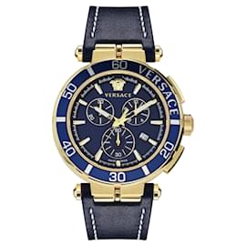 Versace-Versace Greca Chrono Leather Watch-Golden,Metallic