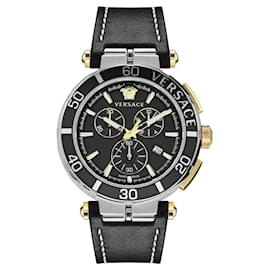 Versace-Relógio de couro Versace Greca Chrono-Prata,Metálico