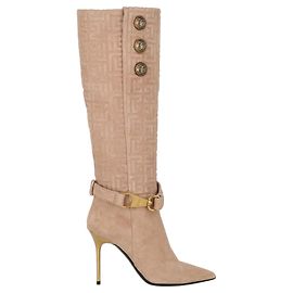 Balmain Robin Monogram-Embossed Tall Boots Beige