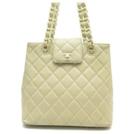 Chanel-VINTAGE CHANEL HANDBAG CABAS SHOPPING LOGO CC QUILTED LEATHER TOTE BAG-Cream