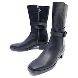 Balenciaga-BALENCIAGA BOOTS SHOES WITH STRAPS 37 BLACK LEATHER FLAT LEATHER BOOTS-Black