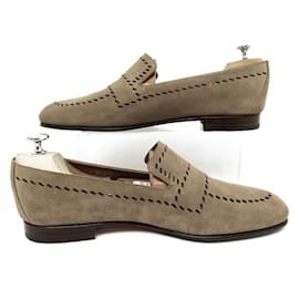 Hermès-NINE HERMES PERFORATED MOCCASIN SHOES 43.5 BEIGE SUEDE LOAFERS SHOES-Beige