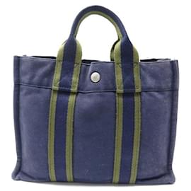 Hermès-HERMES CABAS TOTO PM HAND BAG IN BLUE COTTON CANVAS HAND BAG TOTE-Navy blue