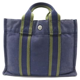 Hermès-HERMES CABAS TOTO PM HAND BAG IN BLUE COTTON CANVAS HAND BAG TOTE-Navy blue