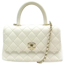 Chanel-CHANEL COCO HANDLE PM BAG IN WHITE QUILTED CAVIAR LEATHER HAND BAG-White