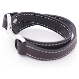 Hermès-HERMES PAVANE lined TOUR BRACELET 19CM STEEL PALLADIUM BLACK LEATHER BANGLE-Black