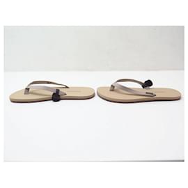 Hermès-NEW HERMES ISOLELLA SHOES 44 BEIGE & BROWN CANVAS THONG SANDALS SHOES-Other