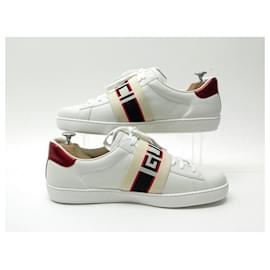 Gucci-NINE GUCCI ACE STRIP SHOES 523469 Sneakers 9.5 43.5 LEATHER SNEAKERS SHOES-White