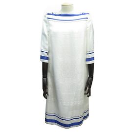 Hermès NEUF ROBE HERMES EPERON D'OR S 36 EN SOIE BROCHEE BLANCHEBLEUE SILK DRESS Blanc