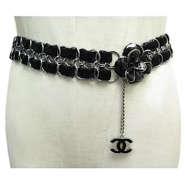 Chanel-CAMELIA INTERLACED CHAIN CHANEL BELT 80 CM LOGO CC BLACK VELVET BELT-Black