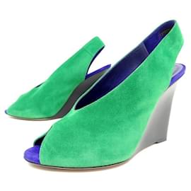 Céline-Celine shoes 38 GREEN SUEDE WEDGE SANDALS + BOX SHOES-Green