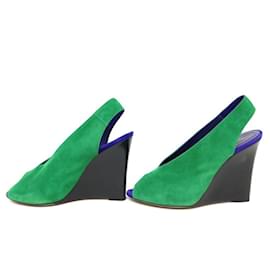 Céline-Celine shoes 38 GREEN SUEDE WEDGE SANDALS + BOX SHOES-Green