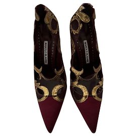Décolleté Manolo Blahnik Pititia Rosso Satin e Pelle 115mm Bordò