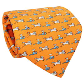 Hermès-Orange Tie with Cats and Mouses Print-Orange