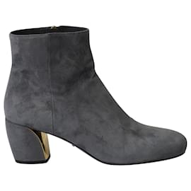 Prada-Prada Gold-Accent Ankle Boots in Grey Suede-Grey