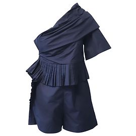 Chloé Chloe Asymmetrical Pleated Playsuit in Navy Blue Cotton Blue Navy blue