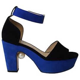 Nicholas Kirkwood-Nicholas Kirkwood Maya Pearl Embellished Block Heel Sandals in Blue Suede-Blue