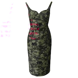 Michael Kors-Michael Kors Collection Belted Floral Stretch Jacquard Sheath Dress in Red Polyester-Red