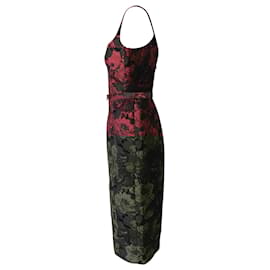 Michael Kors-Michael Kors Collection Belted Floral Stretch Jacquard Sheath Dress in Red Polyester-Red