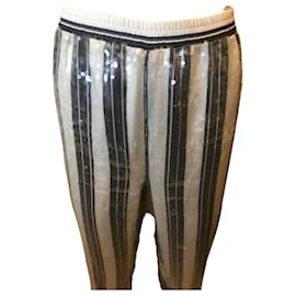 Twin Set-Pantalone Twin Set con paillettes a righe-Nero,Bianco