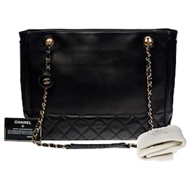 Chanel-Chanel Shopping Cabas Tasche aus schwarzem, teilweise gestepptem Lammleder-Schwarz