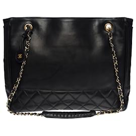 Chanel-Chanel Shopping Cabas Tasche aus schwarzem, teilweise gestepptem Lammleder-Schwarz