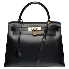 Hermès-Beautiful Hermes Kelly bag 28 black box leather shoulder strap,-Black
