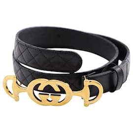 Gucci-Gucci Horsebit Interlocking Quilted Belt in Black Leather-Black