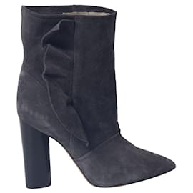 Iro-Iro Ruffle Trimmed Ankle Boots in Grey Suede-Grey