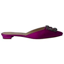 Manolo Blahnik Hangisi Embellished Mules in Pink Satin Pink