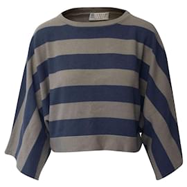 Brunello Cucinelli-Brunello Cucinelli Striped Knit Sweater in Taupe/Blue Cashmere Wool-Blue