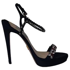 Prada-Sandali con cinturino alla caviglia impreziositi da cristalli Prada in raso nero-Nero